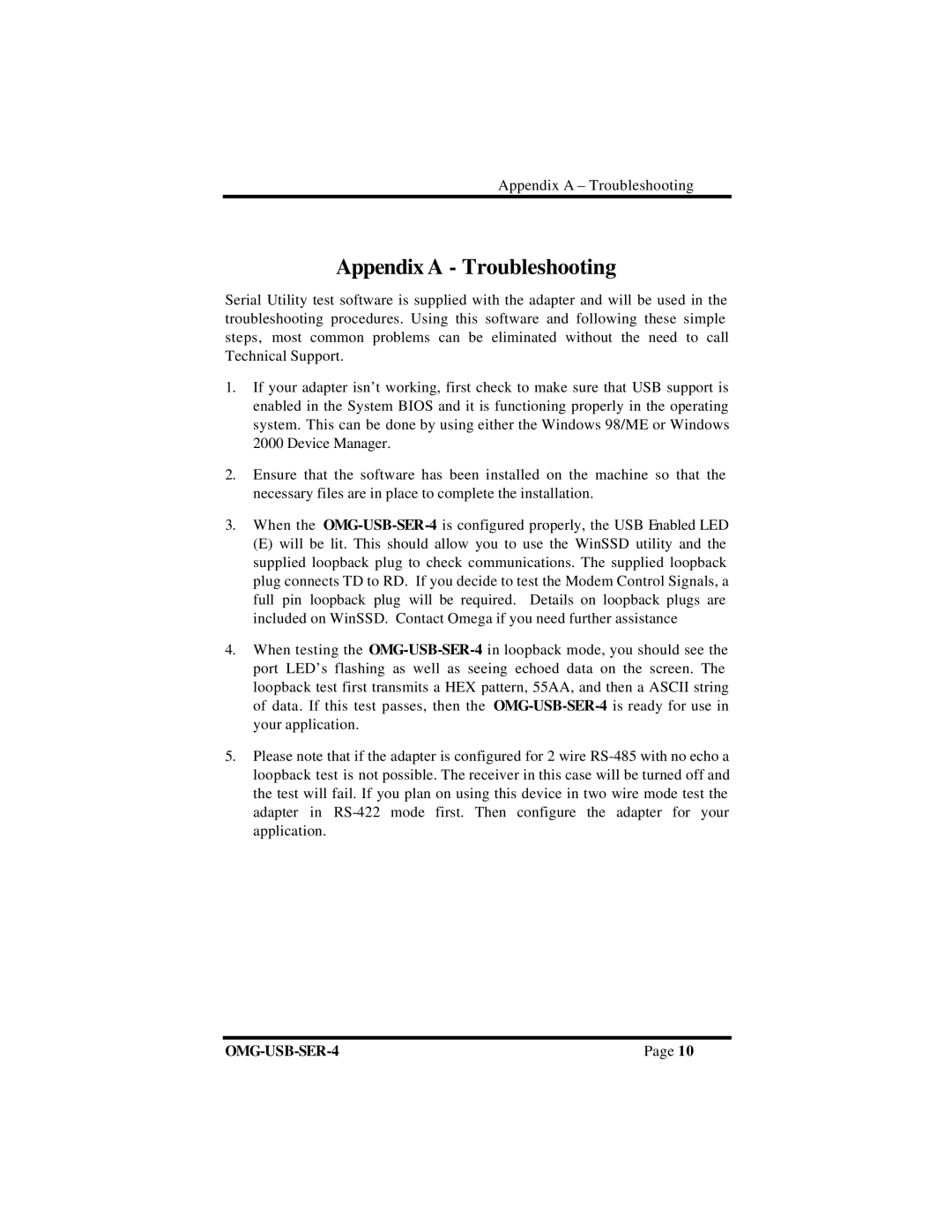 Omega OMG-USB-SER-4, Four Port RS-232/422/485 to USB Adaptor manual Appendix a Troubleshooting 