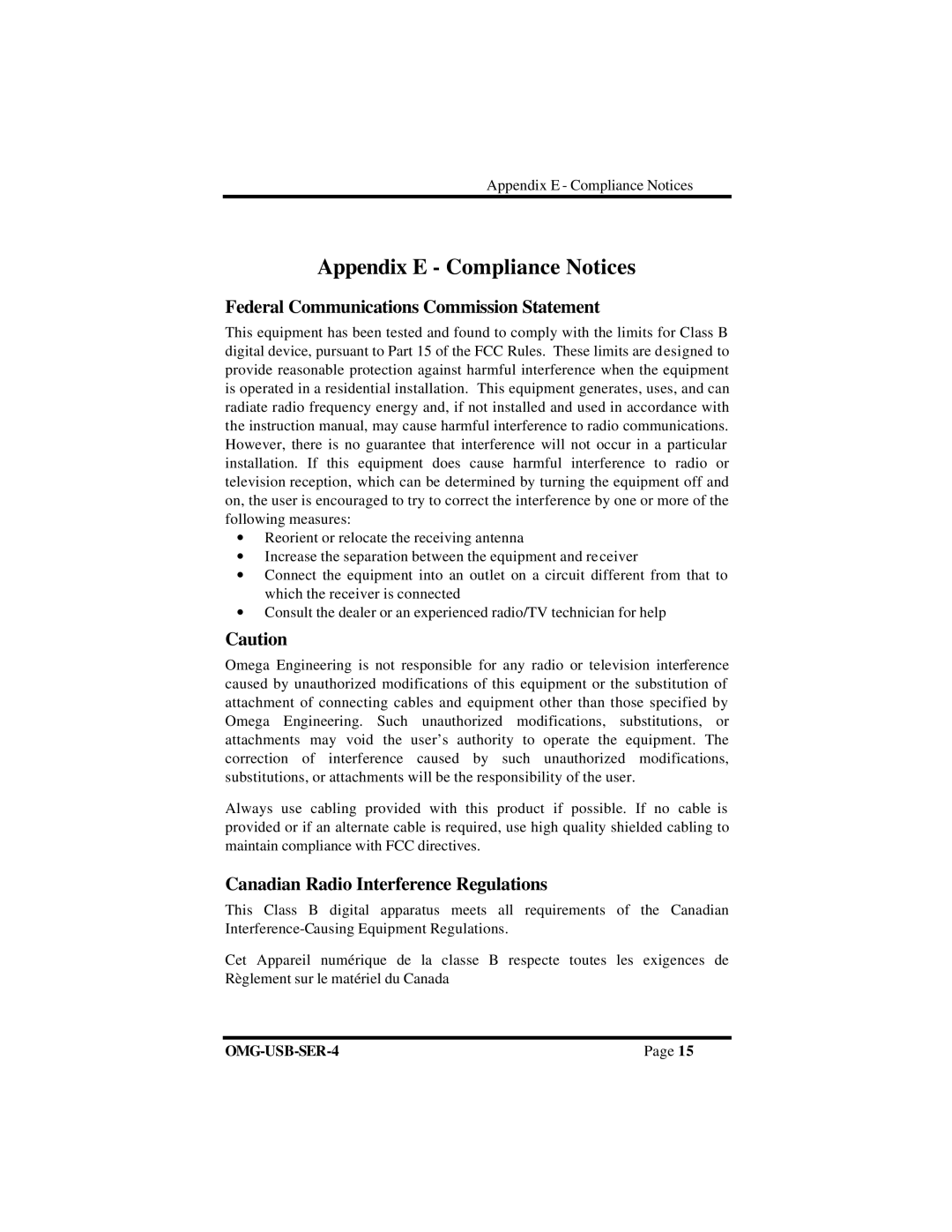 Omega Four Port RS-232/422/485 to USB Adaptor Appendix E Compliance Notices, Federal Communications Commission Statement 