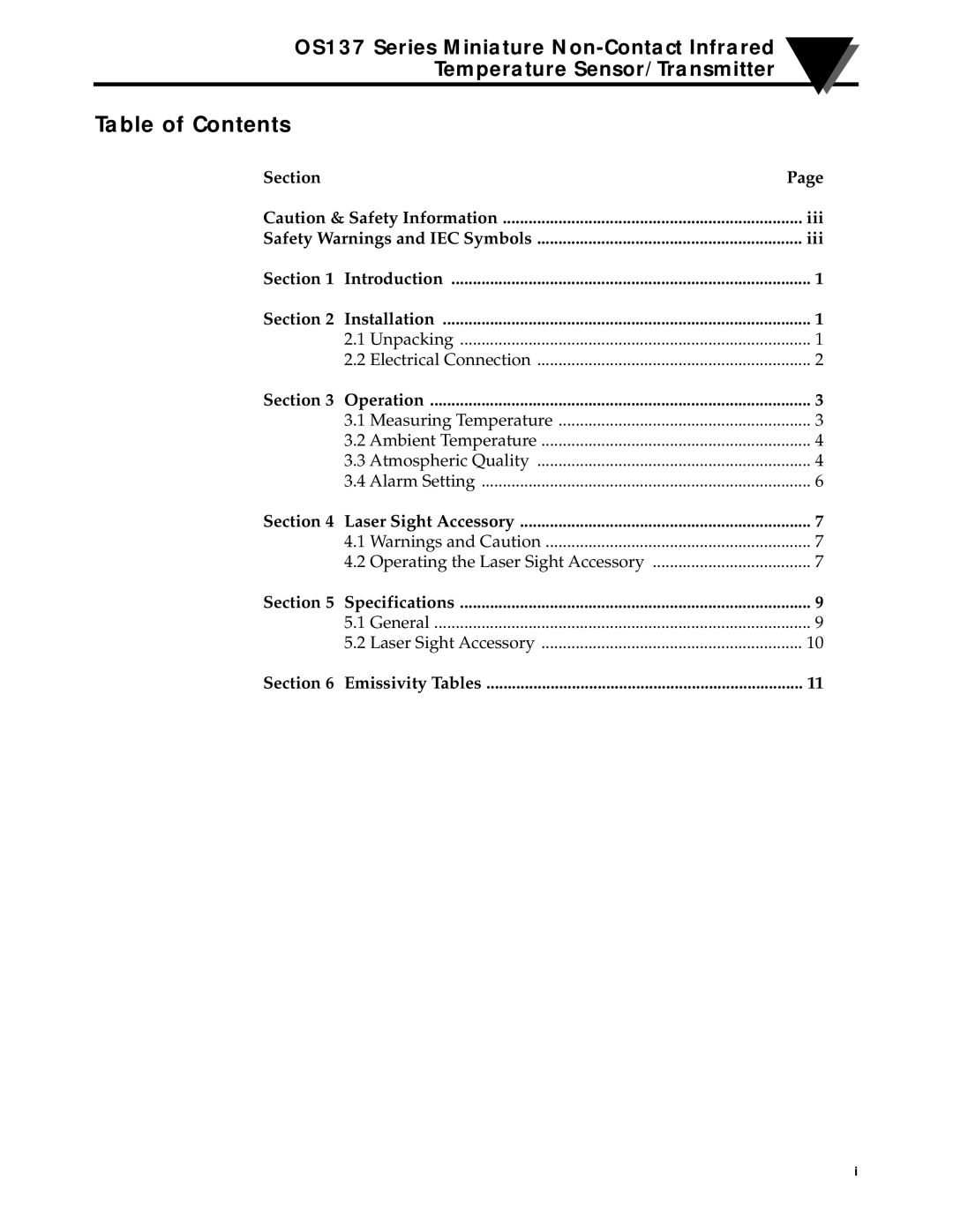 Omega OS137 manual Table of Contents 