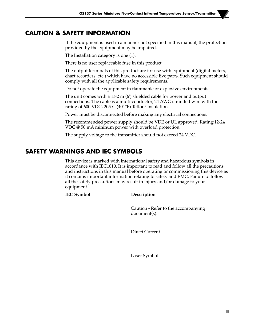 Omega OS137 manual Safety Warnings and IEC Symbols 