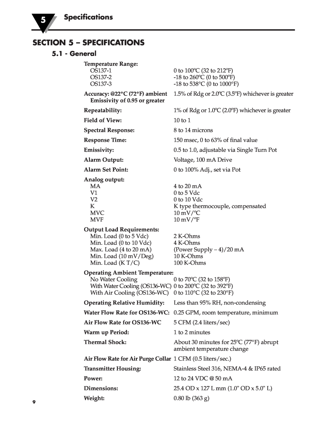 Omega OS137 manual 5Specifications, General 
