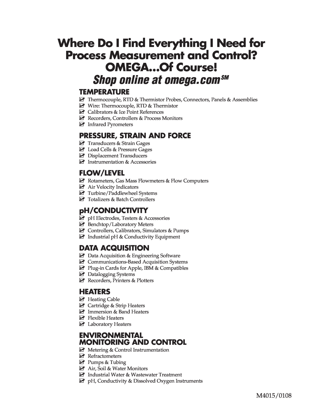 Omega OS137 manual OMEGA…Of Course, Temperature, Pressure, Strain And Force, Flow/Level, pH/CONDUCTIVITY, Data Acquisition 