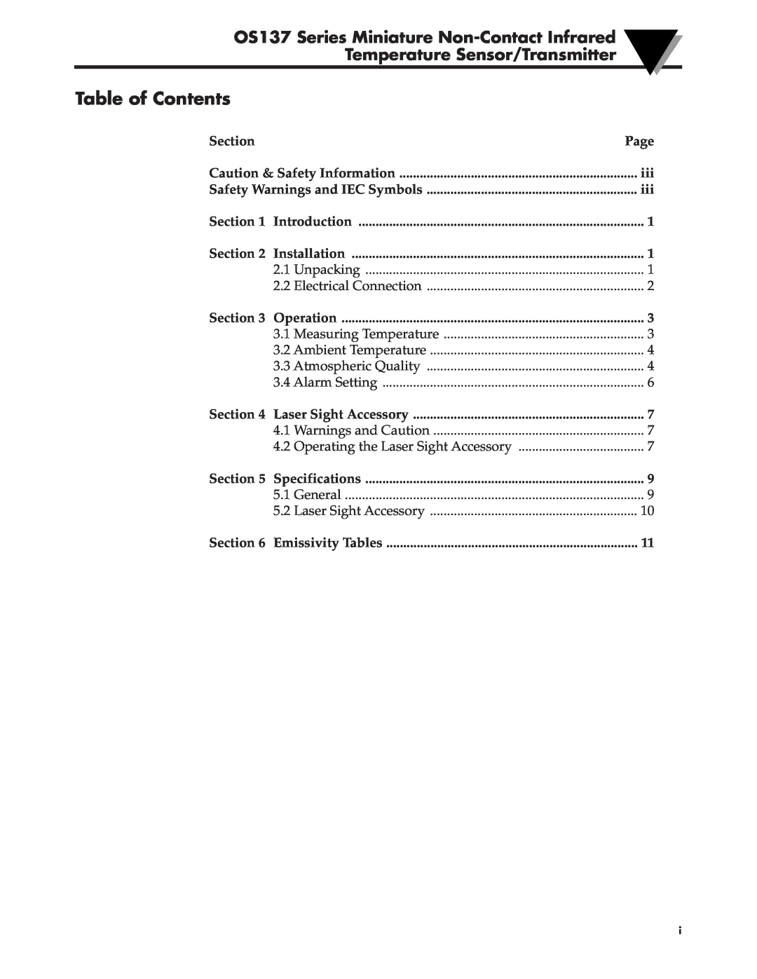 Omega manual Table of Contents, OS137 Series Miniature Non-ContactInfrared, Temperature Sensor/Transmitter 