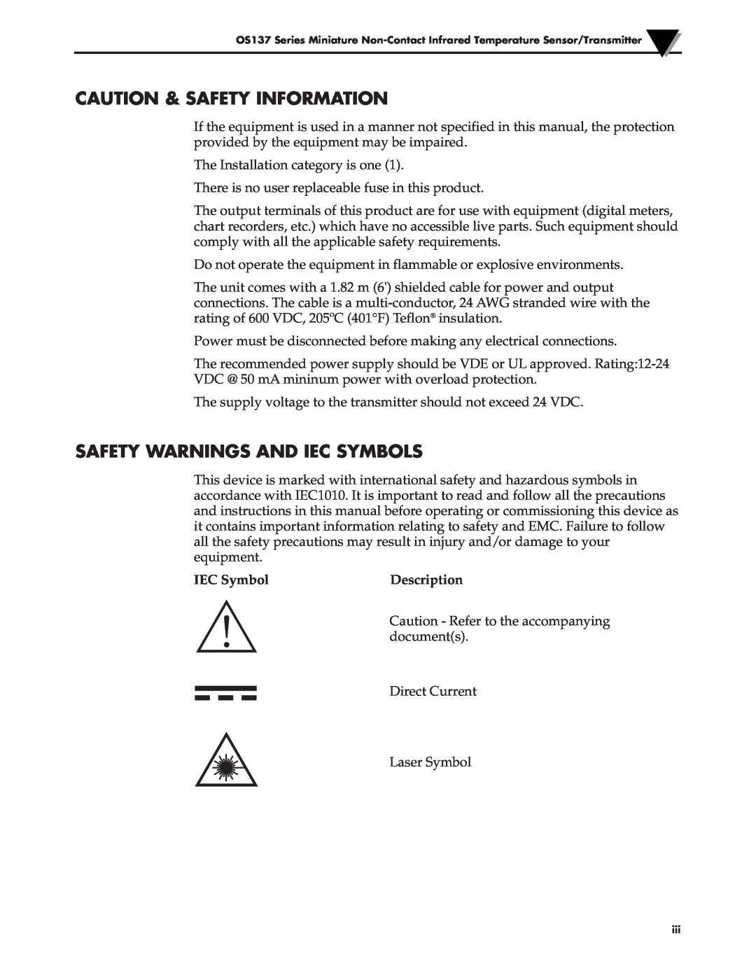 Omega OS137 manual Caution & Safety Information, Safety Warnings And Iec Symbols, IEC Symbol, Description 