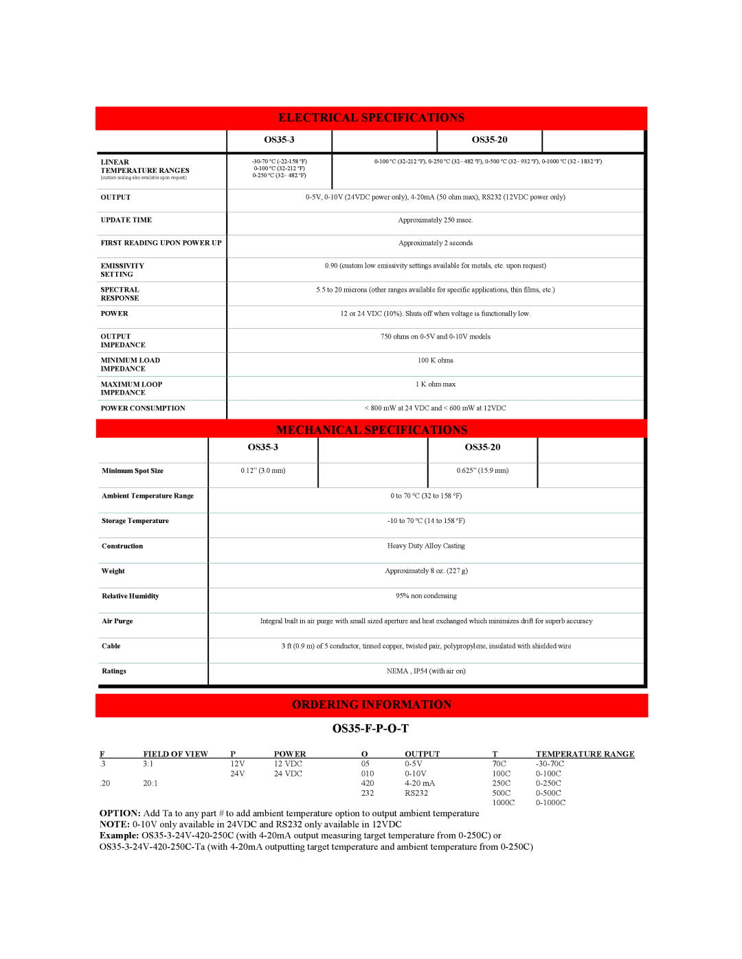 Omega manual Electrical Specifications, OS35-F-P-O-T 