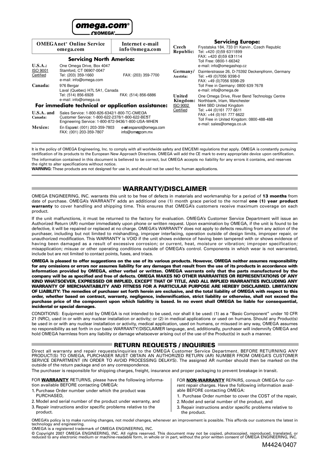 Omega OS423-LS manual Warranty/Disclaimer 