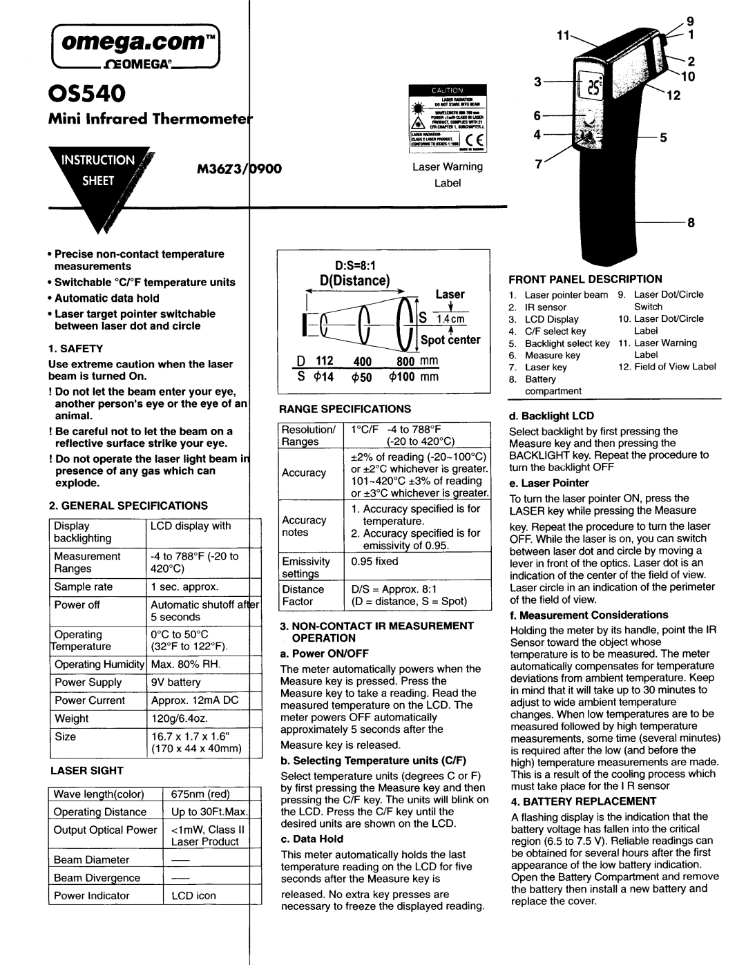 Omega OS540 specifications Safety, General Specifications, Range Specifications, Front Panel Description, Operation 