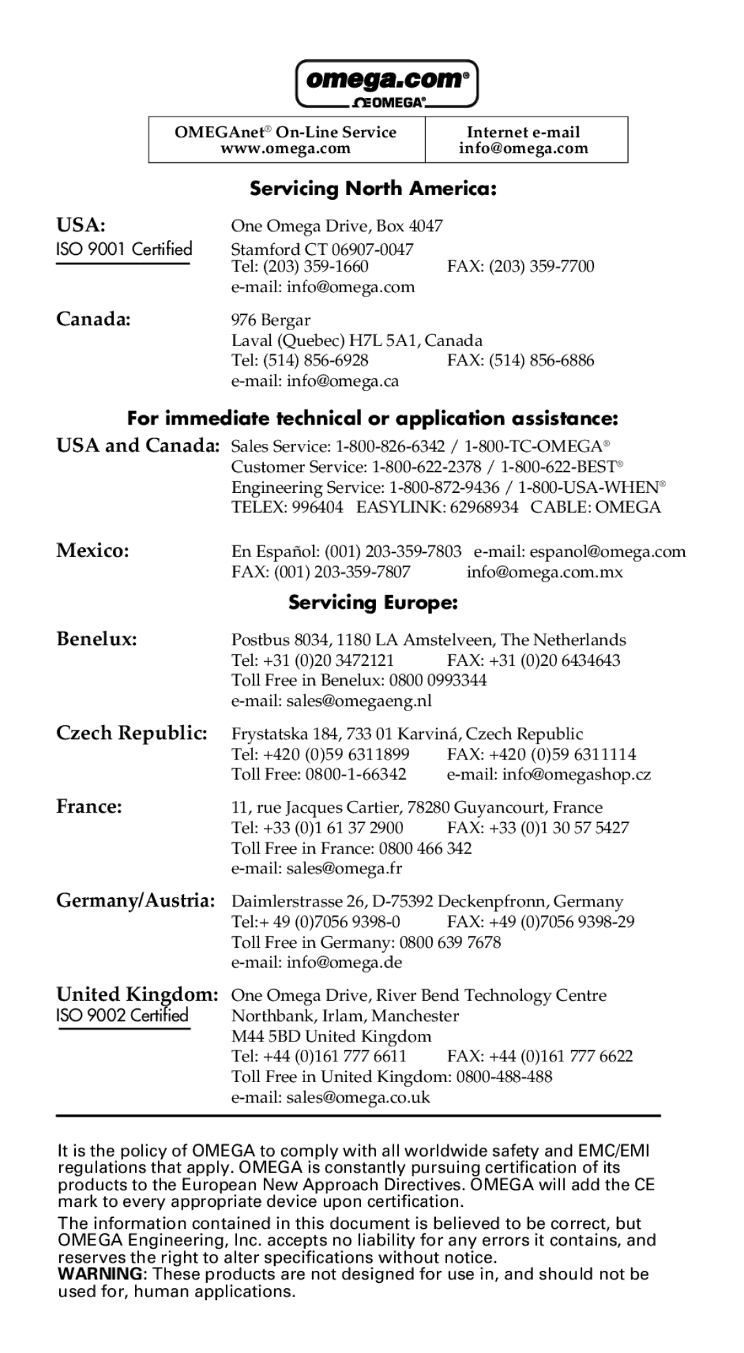 Omega OS541 manual Servicing North America 