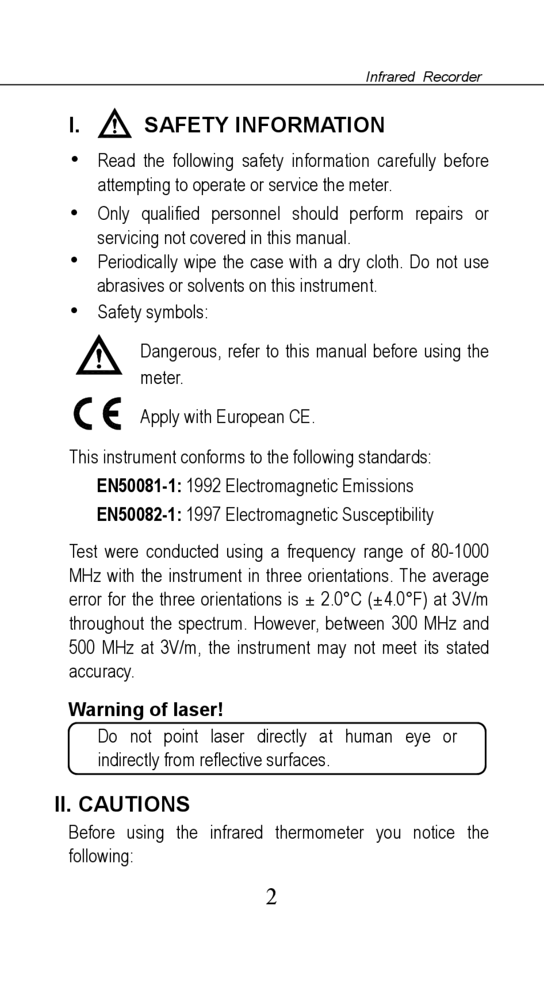 Omega OS541 manual Safety Information, II. Cautions 