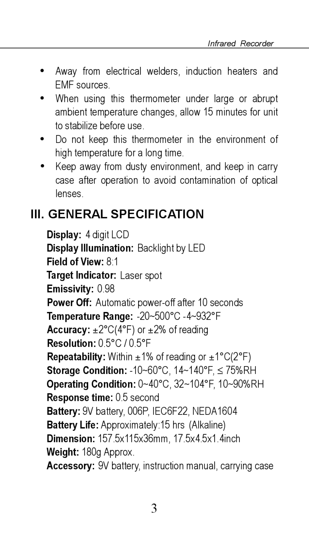 Omega OS541 manual III. General Specification, Temperature Range -20~500C-4~932F 