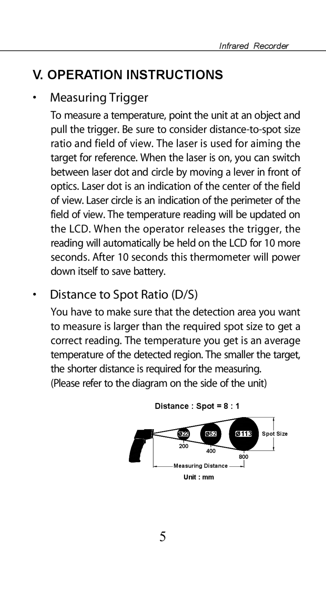 Omega OS541 manual Operation Instructions, Measuring Trigger, Distance to Spot Ratio D/S 