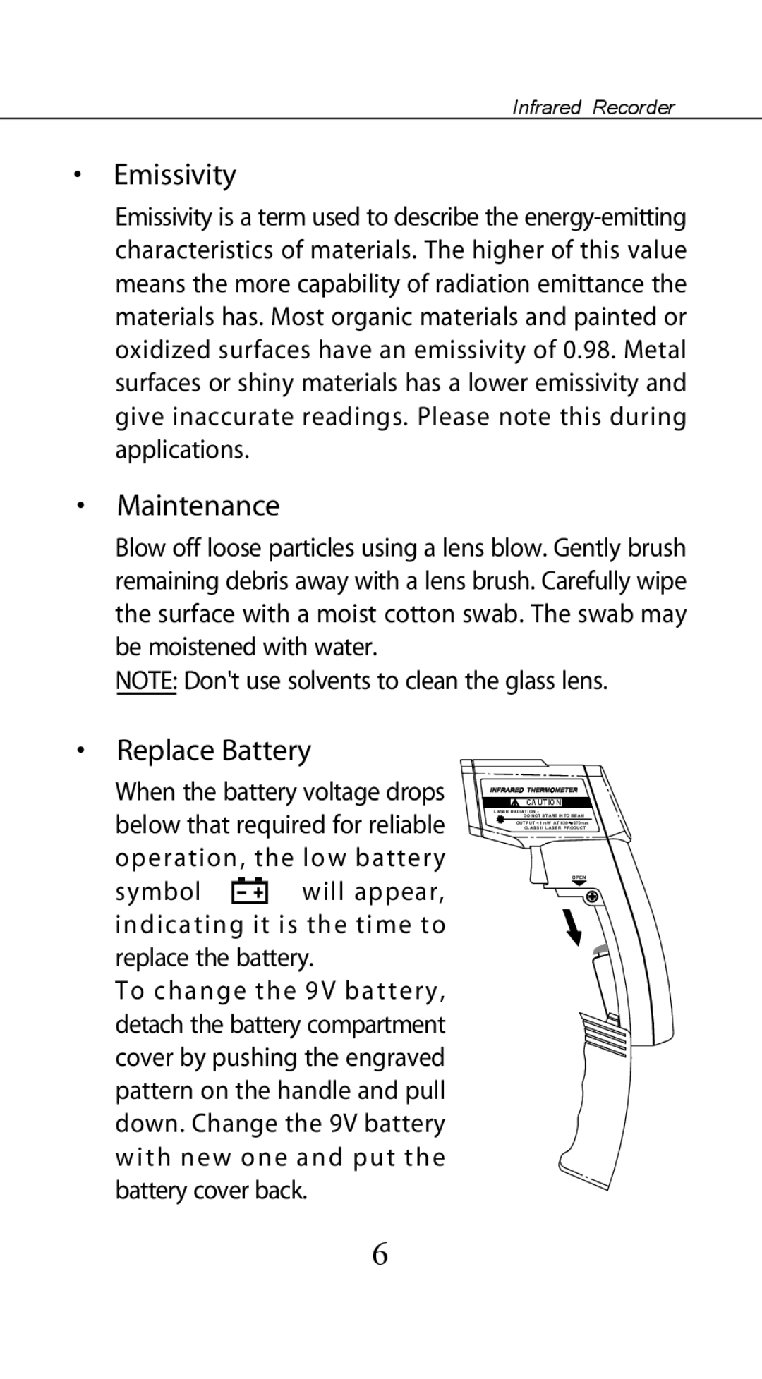 Omega OS541 manual Emissivity, Maintenance, Replace Battery 