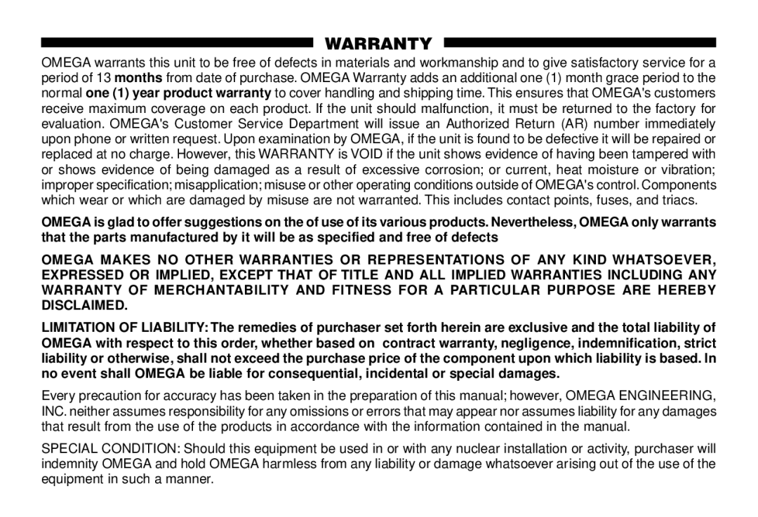 Omega OS642C-LS manual Warranty 