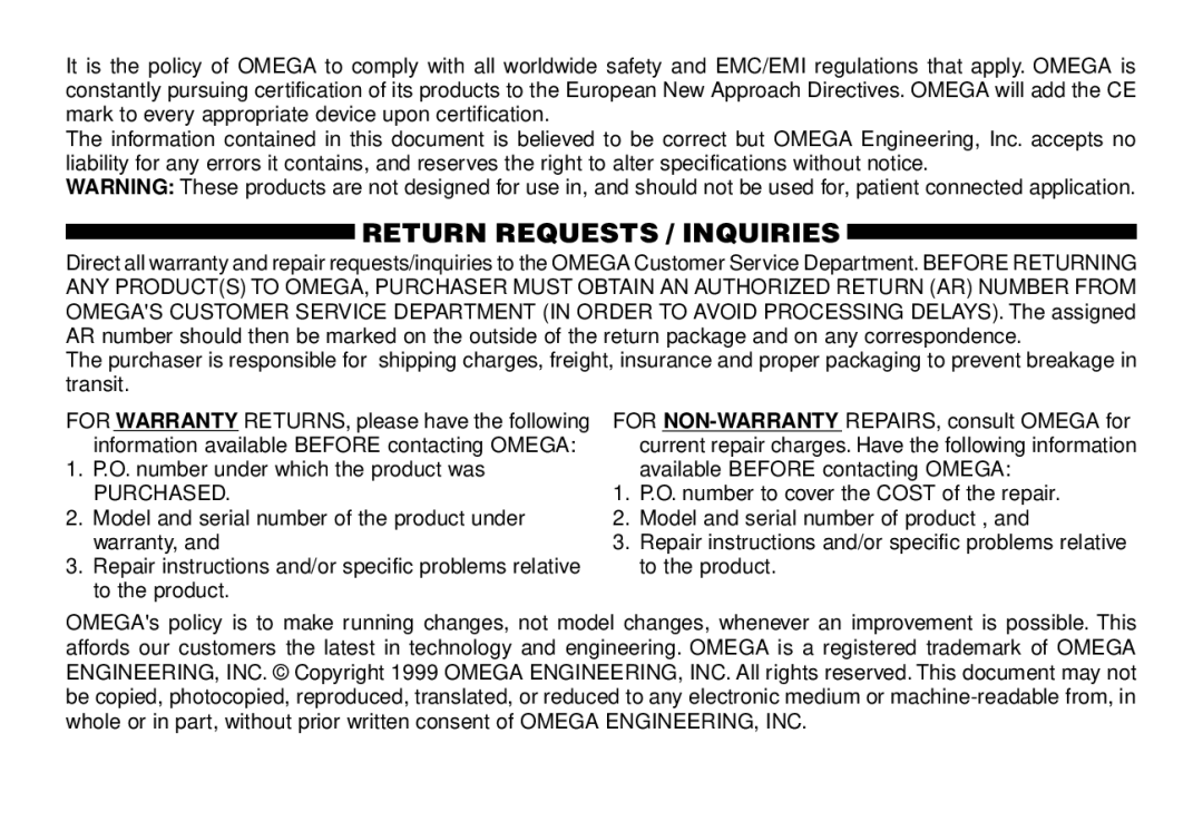 Omega OS642C-LS manual Return Requests / Inquiries 