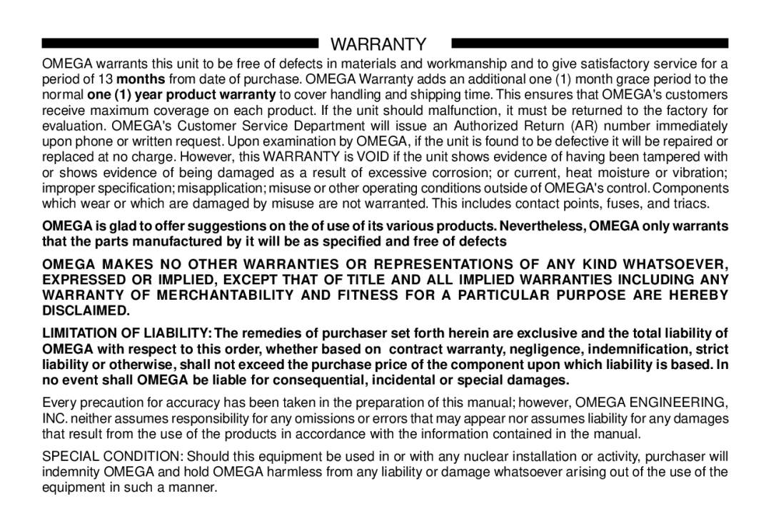 Omega OS642F-LS manual Warranty 