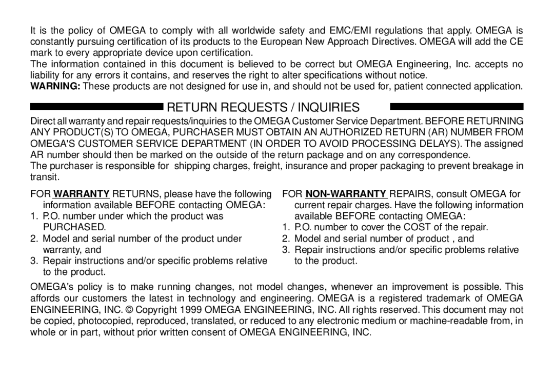 Omega OS642F-LS manual Return Requests / Inquiries 