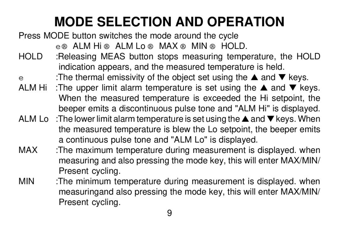 Omega OS643-LS manual Mode Selection and Operation, Max 