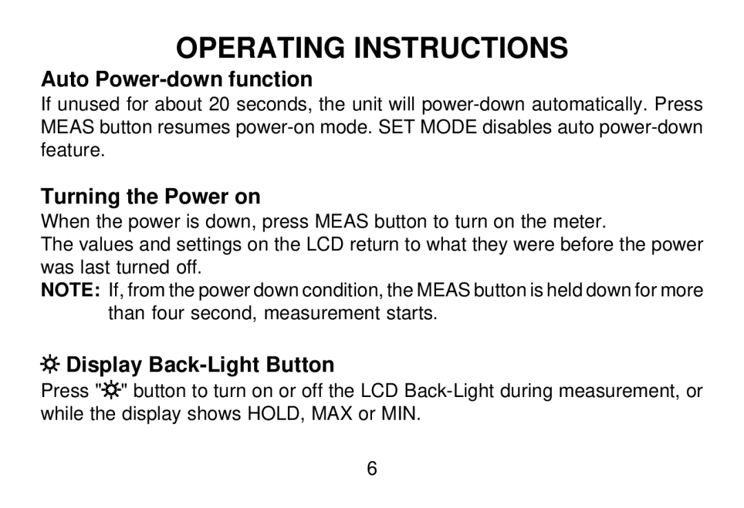 Omega OS643-LS manual Operating Instructions, Auto Power-down function, Turning the Power on, Display Back-Light Button 