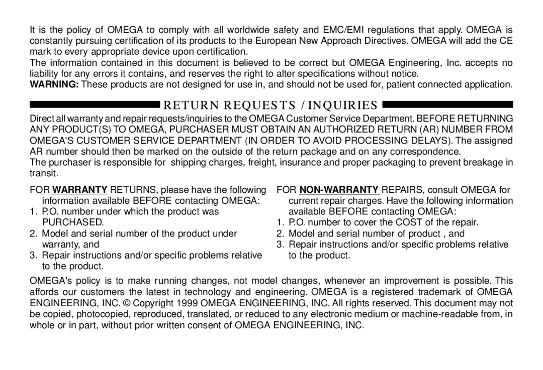 Omega OS643 manual Return Requests / Inquiries 