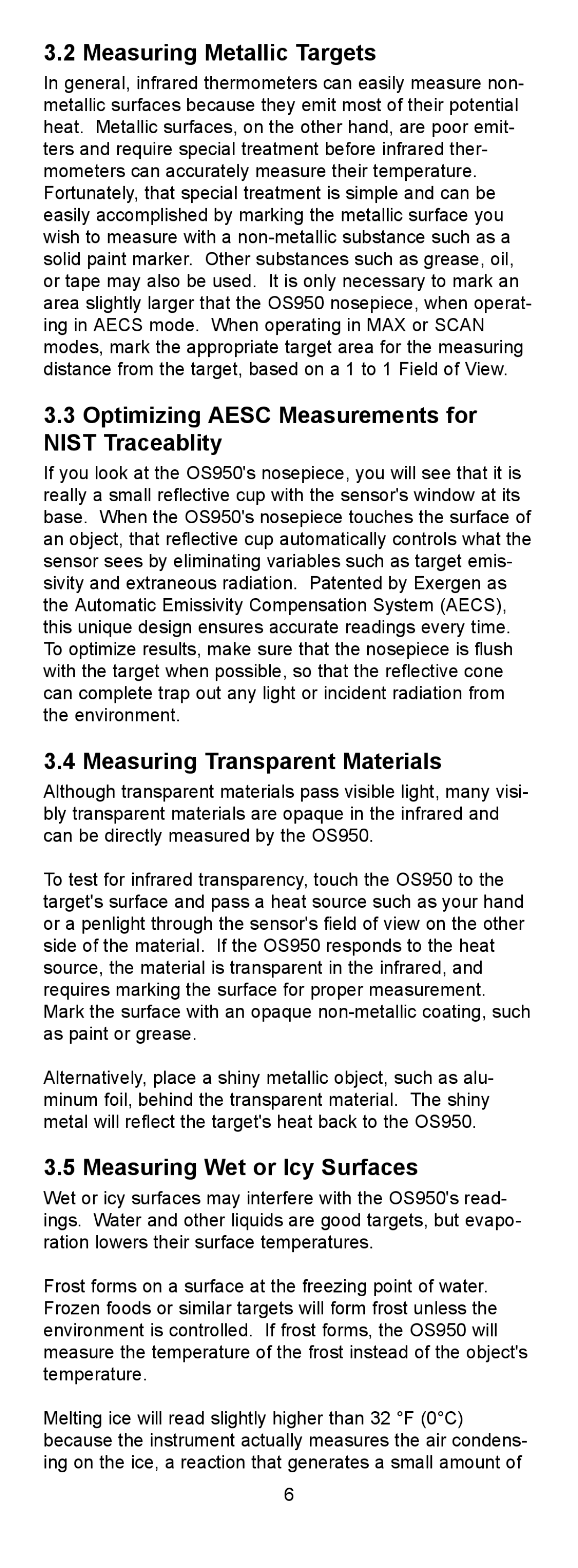 Omega OS950 Measuring Metallic Targets, Optimizing Aesc Measurements for Nist Traceablity, Measuring Transparent Materials 