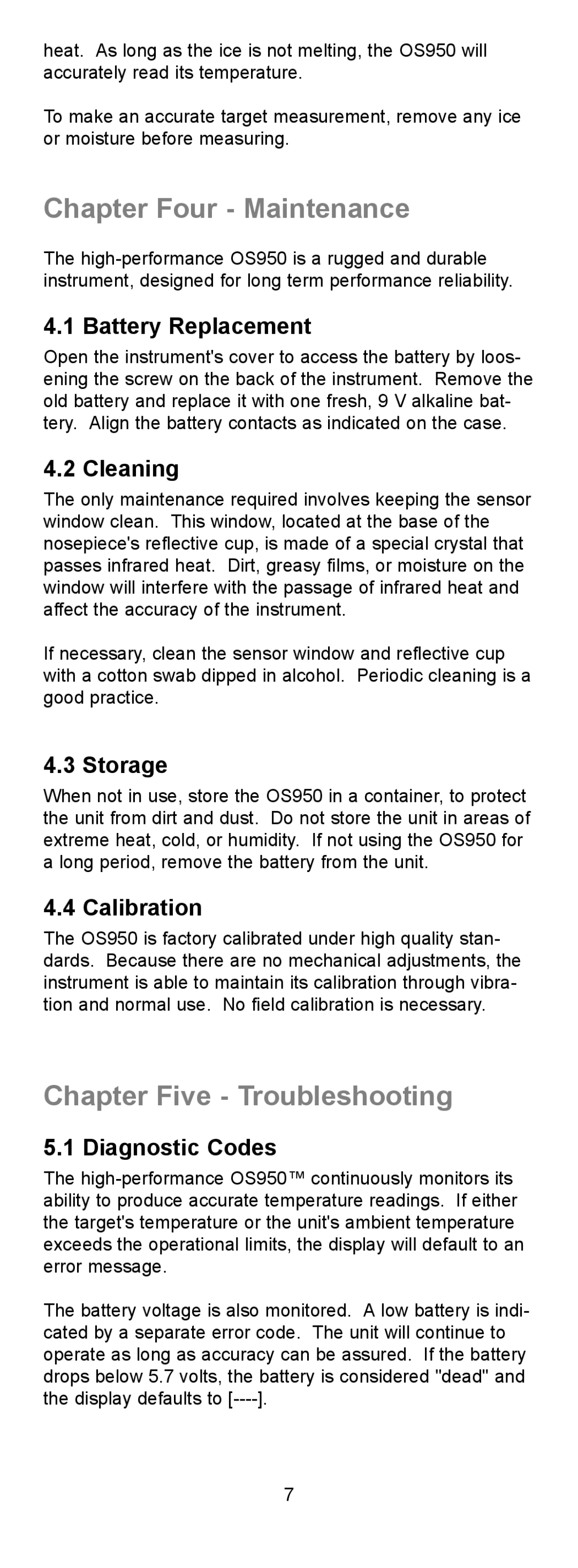 Omega OS950 manual Chapter Four Maintenance, Chapter Five Troubleshooting 