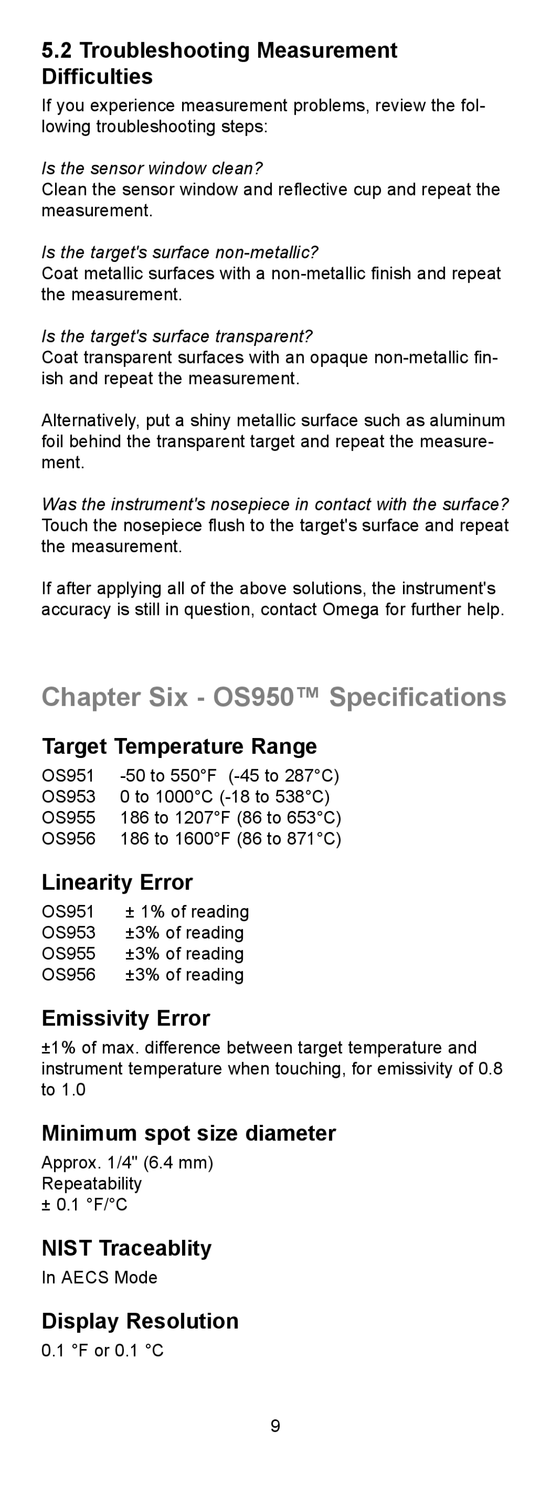 Omega manual Chapter Six OS950 Specifications 