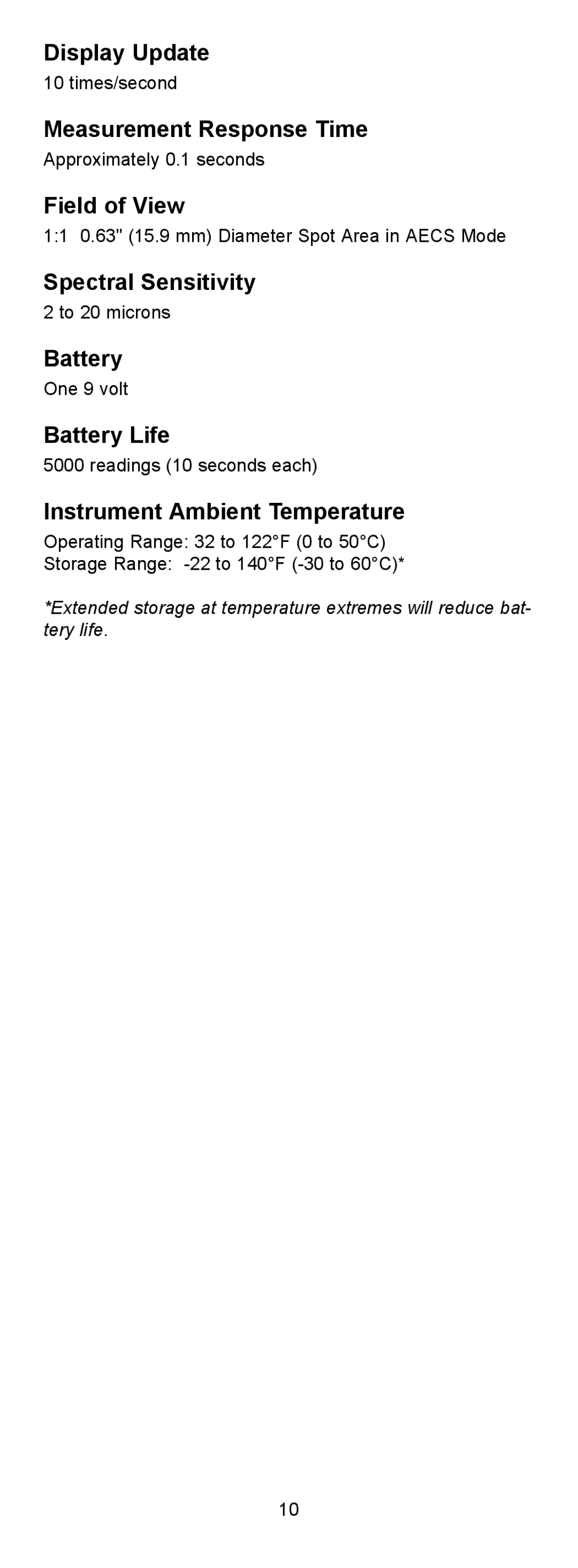 Omega OS950 manual Display Update, Measurement Response Time, Field of View, Spectral Sensitivity, Battery Life 