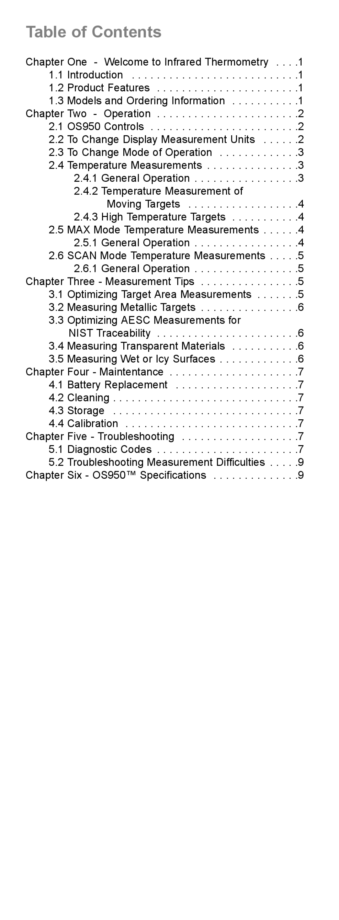 Omega OS950 manual Table of Contents 