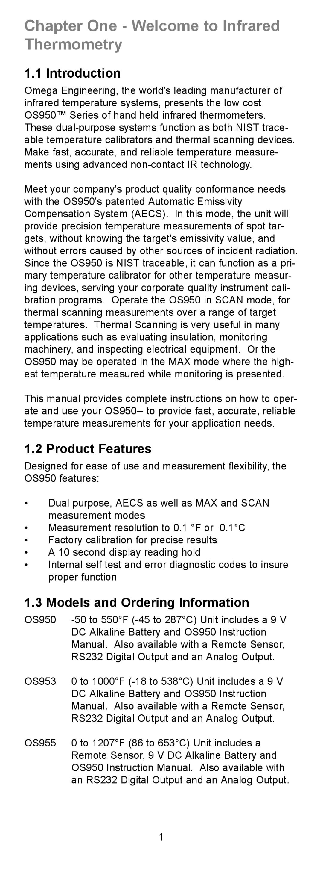 Omega OS950 Chapter One Welcome to Infrared Thermometry, Introduction, Product Features, Models and Ordering Information 