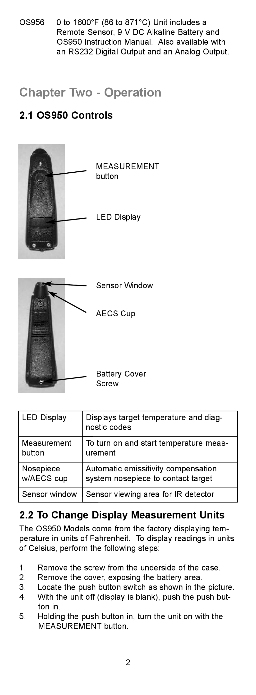 Omega manual Chapter Two Operation, OS950 Controls, To Change Display Measurement Units 