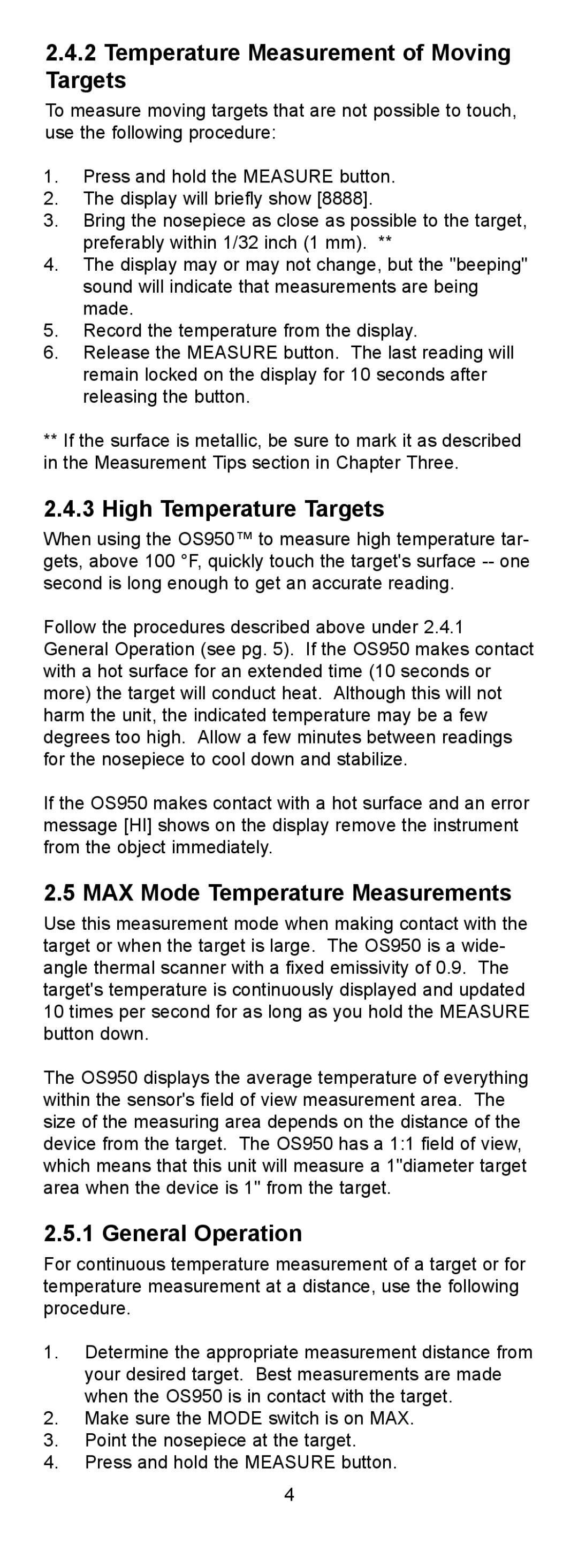 Omega OS950 manual Temperature Measurement of Moving Targets, High Temperature Targets, MAX Mode Temperature Measurements 