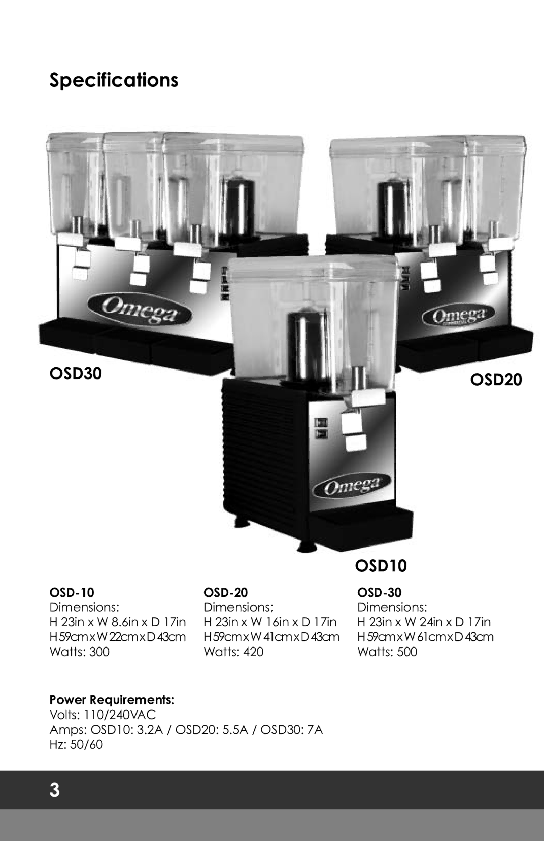 Omega OSD10, OSD20, OSD30 instruction manual Specifications 