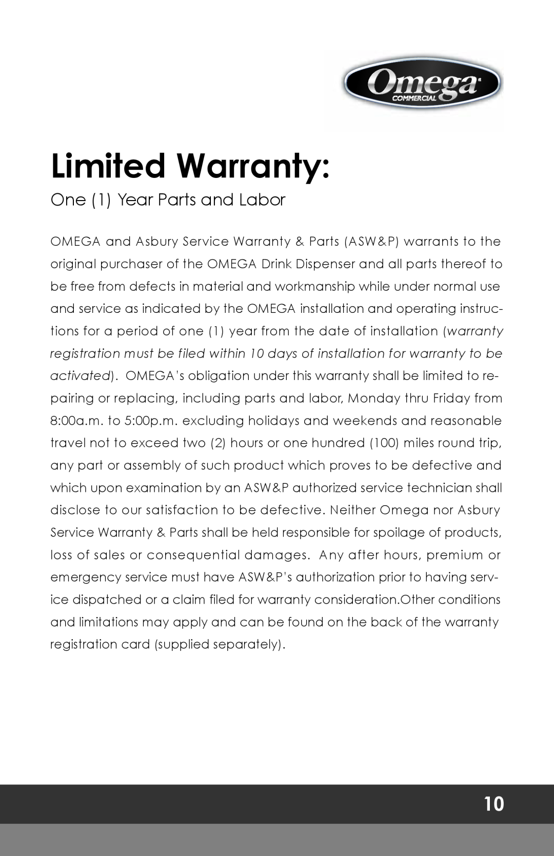Omega OSD30, OSD20, OSD10 instruction manual Limited Warranty, One 1 Year Parts and Labor 
