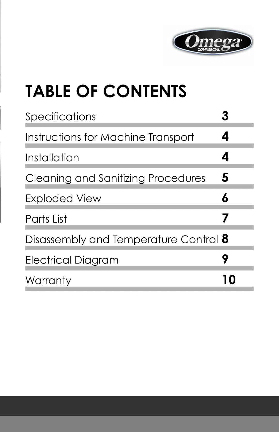 Omega OSD20 Table Of Contents, Specifications, Instructions for Machine Transport, Installation, Exploded View, Parts List 