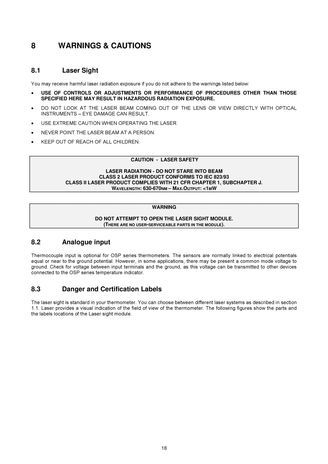 Omega OSP SERIES manual Laser Sight, Analogue input 