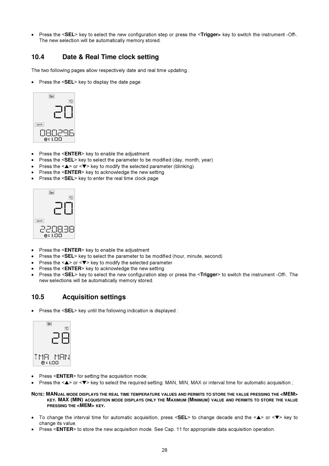 Omega OSP SERIES manual Date & Real Time clock setting, Acquisition settings 