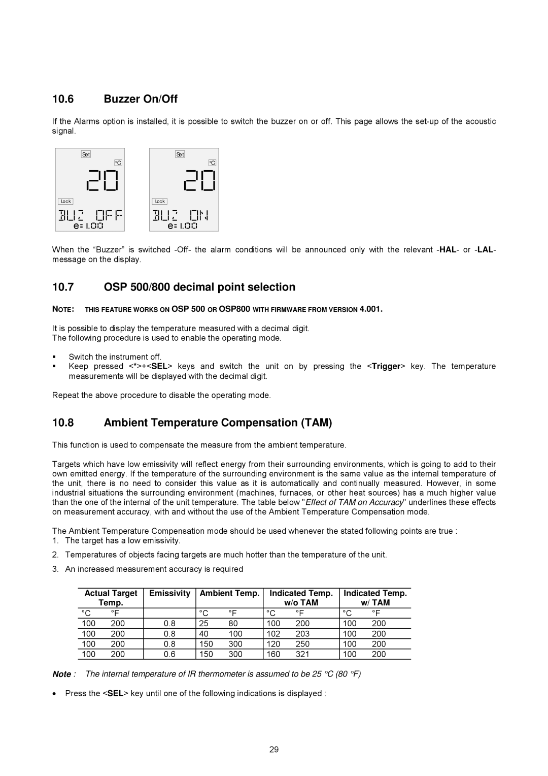 Omega OSP SERIES manual Buzzer On/Off, OSP 500/800 decimal point selection, Ambient Temperature Compensation TAM 