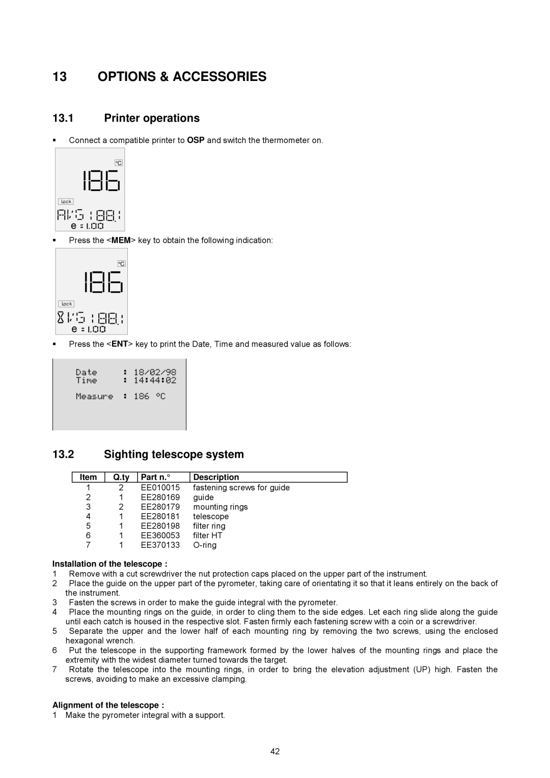 Omega OSP SERIES manual Options & Accessories, Printer operations, Sighting telescope system 