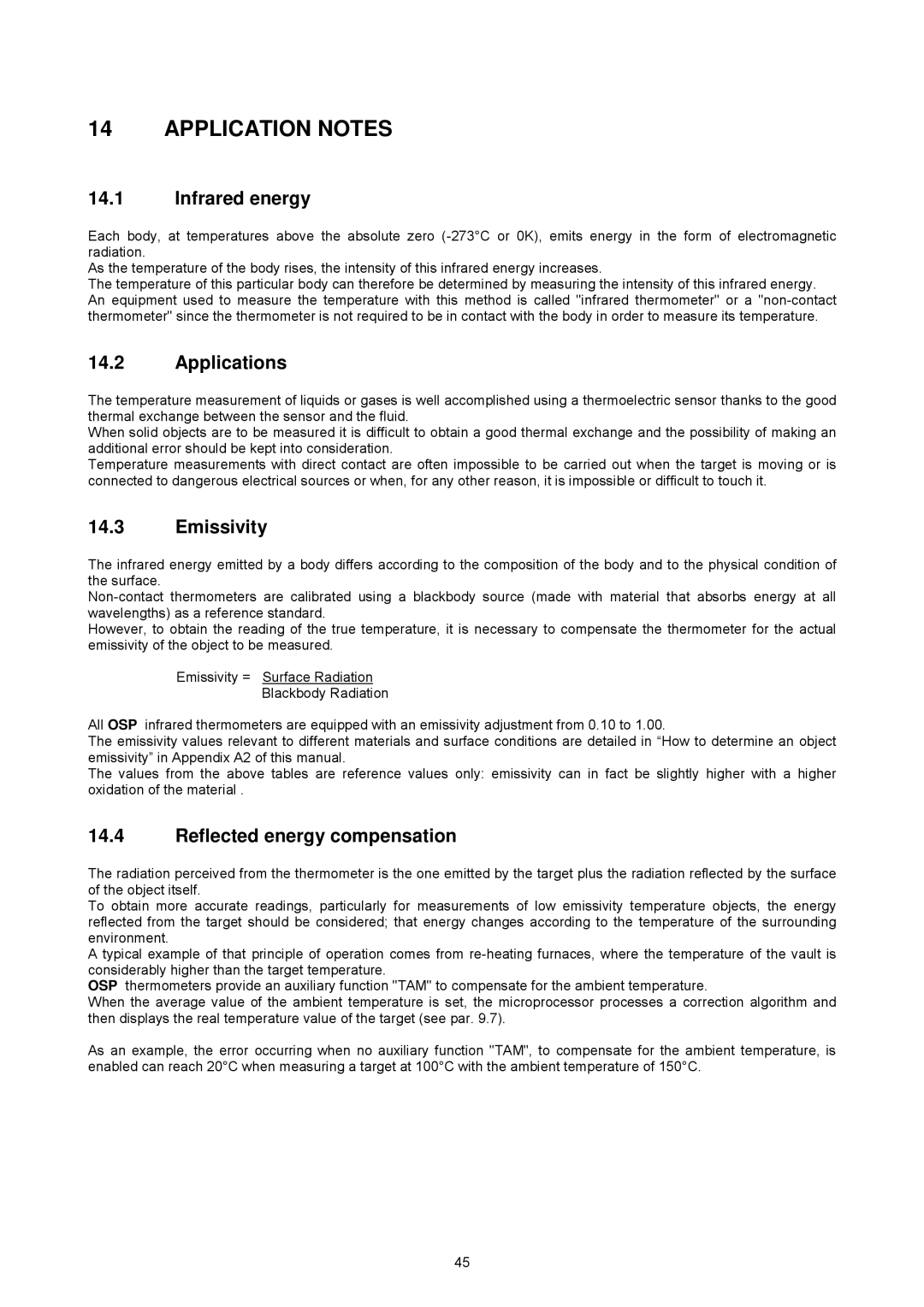 Omega OSP SERIES manual Application Notes, Infrared energy, Applications, Emissivity, Reflected energy compensation 