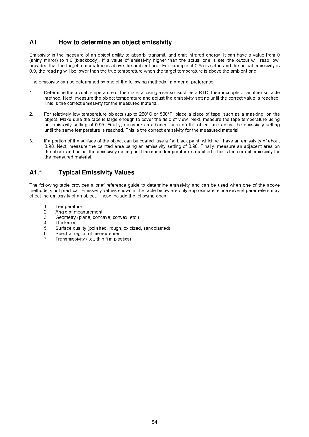 Omega OSP SERIES manual A1 How to determine an object emissivity, A1.1 Typical Emissivity Values 