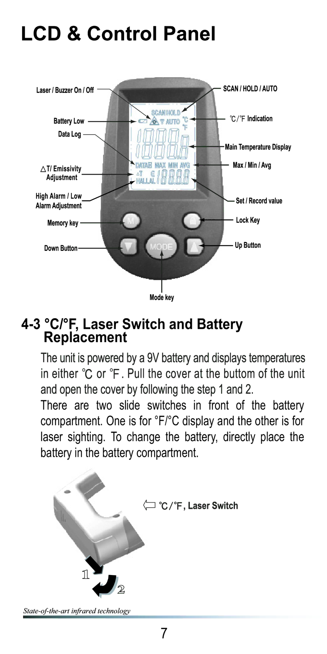 Omega OSXL685 manual C/F, Laser Switch and Battery Replacement 