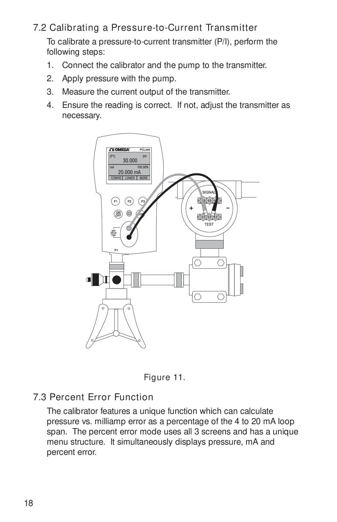 Omega PCL340, M-4292/1006 manual Calibrating a Pressure-to-Current Transmitter, Percent Error Function 