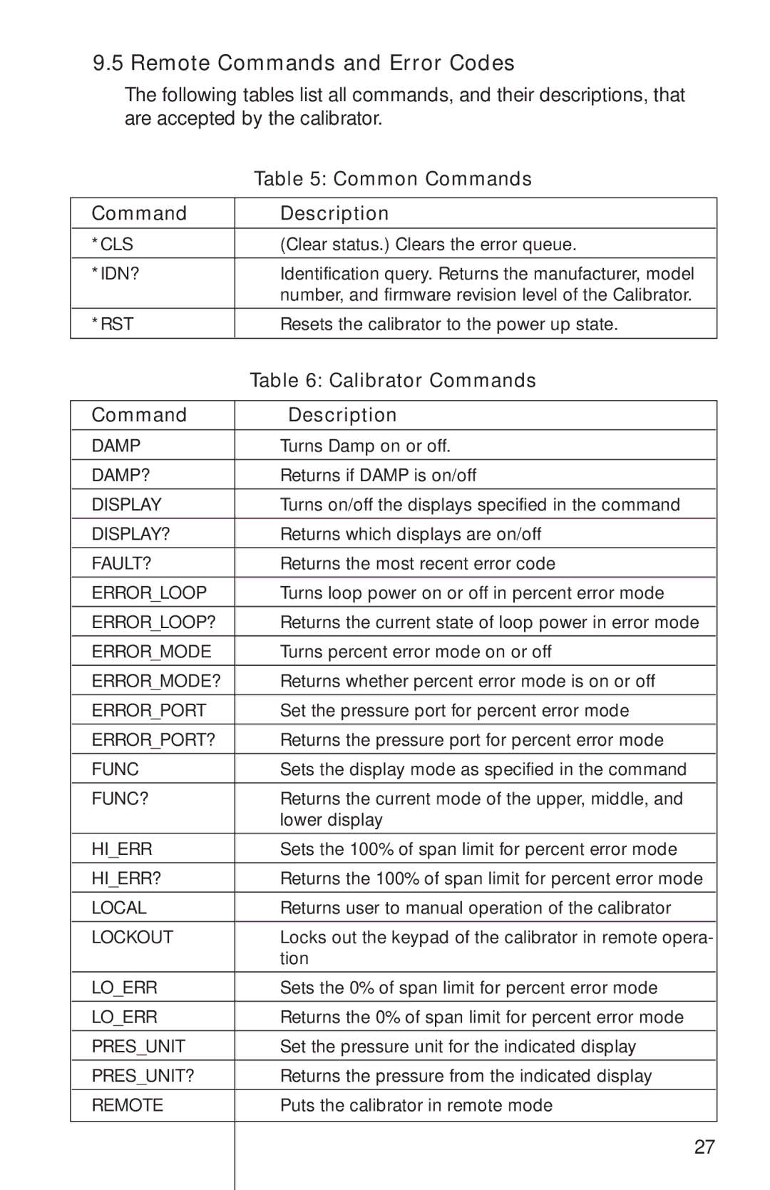 Omega M-4292/1006, PCL340 manual Remote Commands and Error Codes, Common Commands, Command Description, Calibrator Commands 