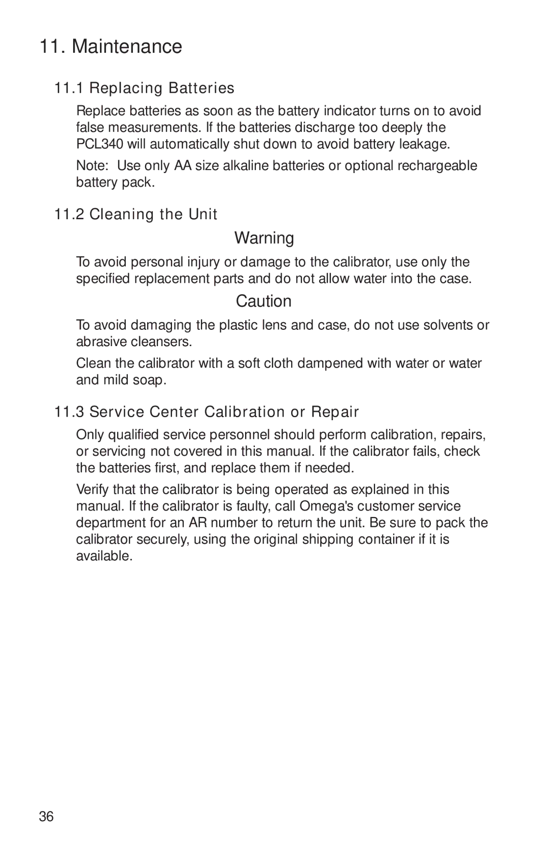 Omega PCL340, M-4292/1006 manual Maintenance, Replacing Batteries, Cleaning the Unit, Service Center Calibration or Repair 