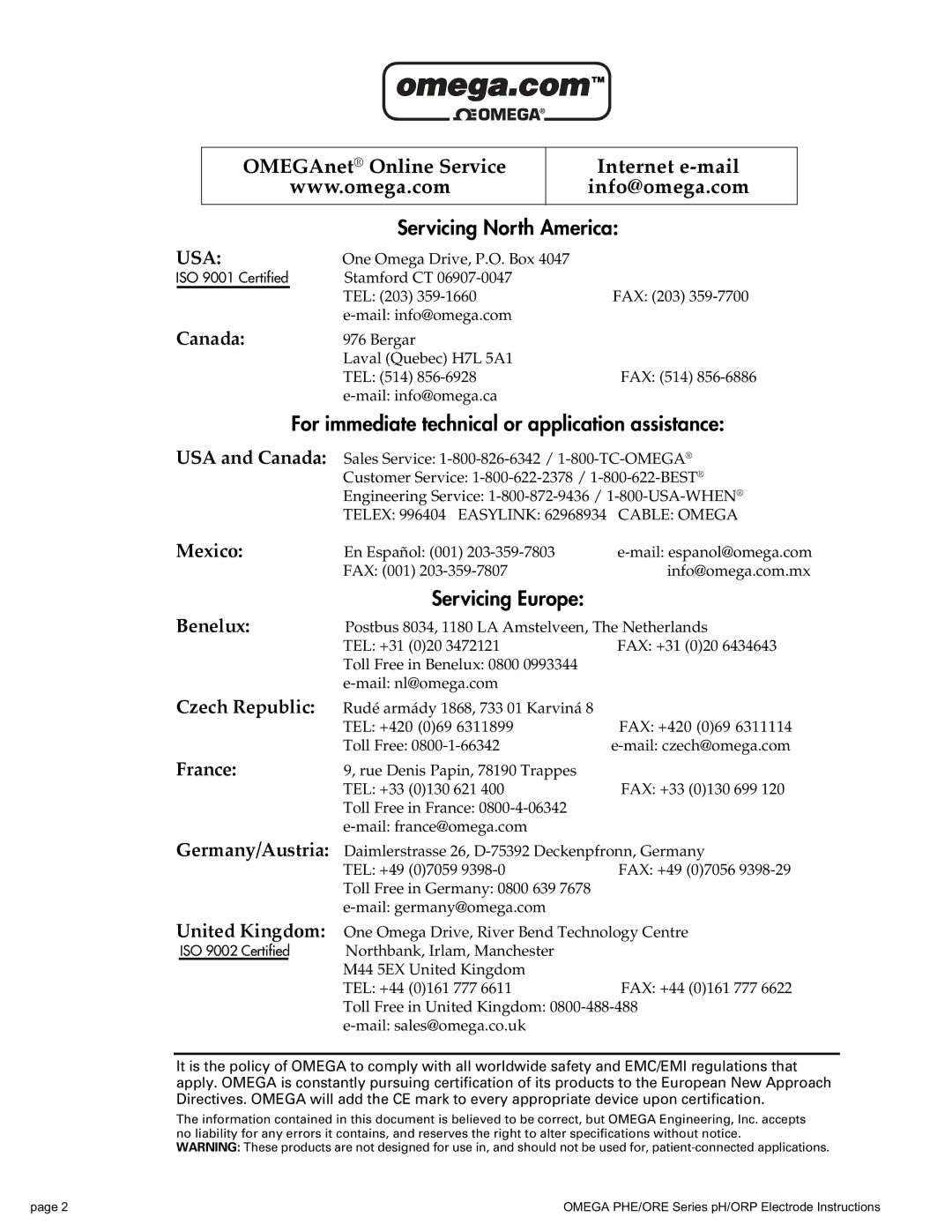 Omega PHE/ORE Series manual Internet e-mail info@omega.com 