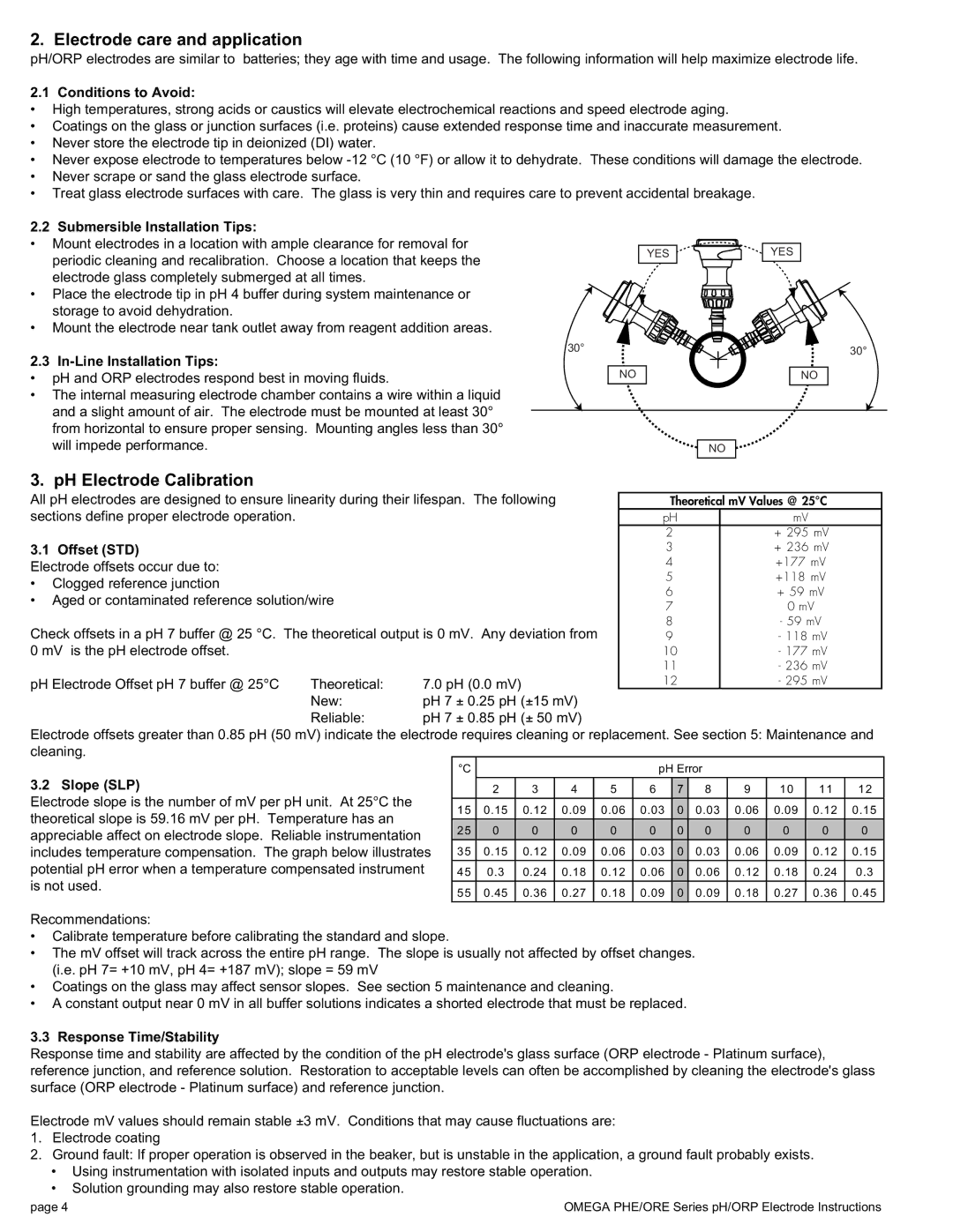 Omega PHE/ORE Series manual Electrode care and application, PH Electrode Calibration 