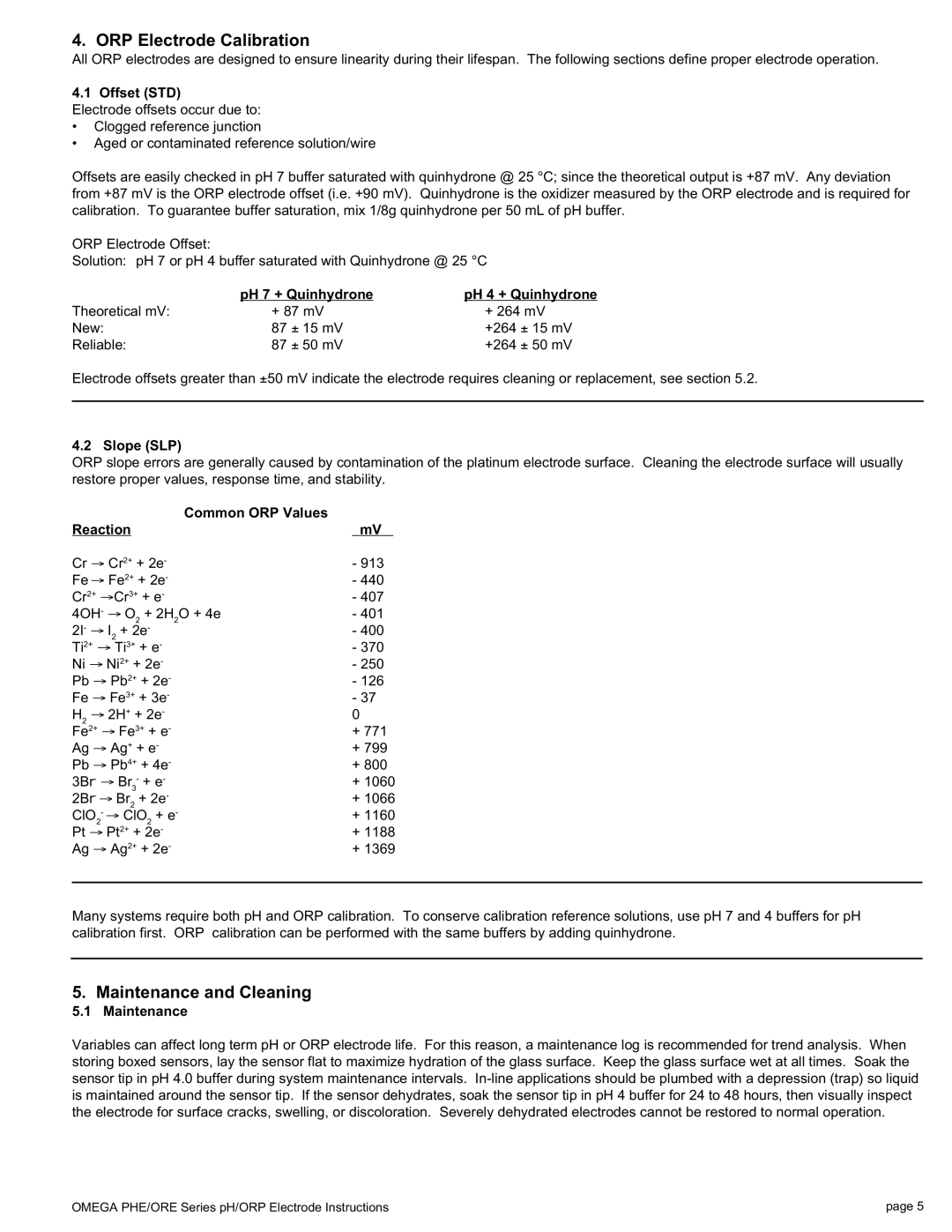 Omega PHE/ORE Series manual ORP Electrode Calibration, Maintenance and Cleaning, PH 7 + Quinhydrone PH 4 + Quinhydrone 