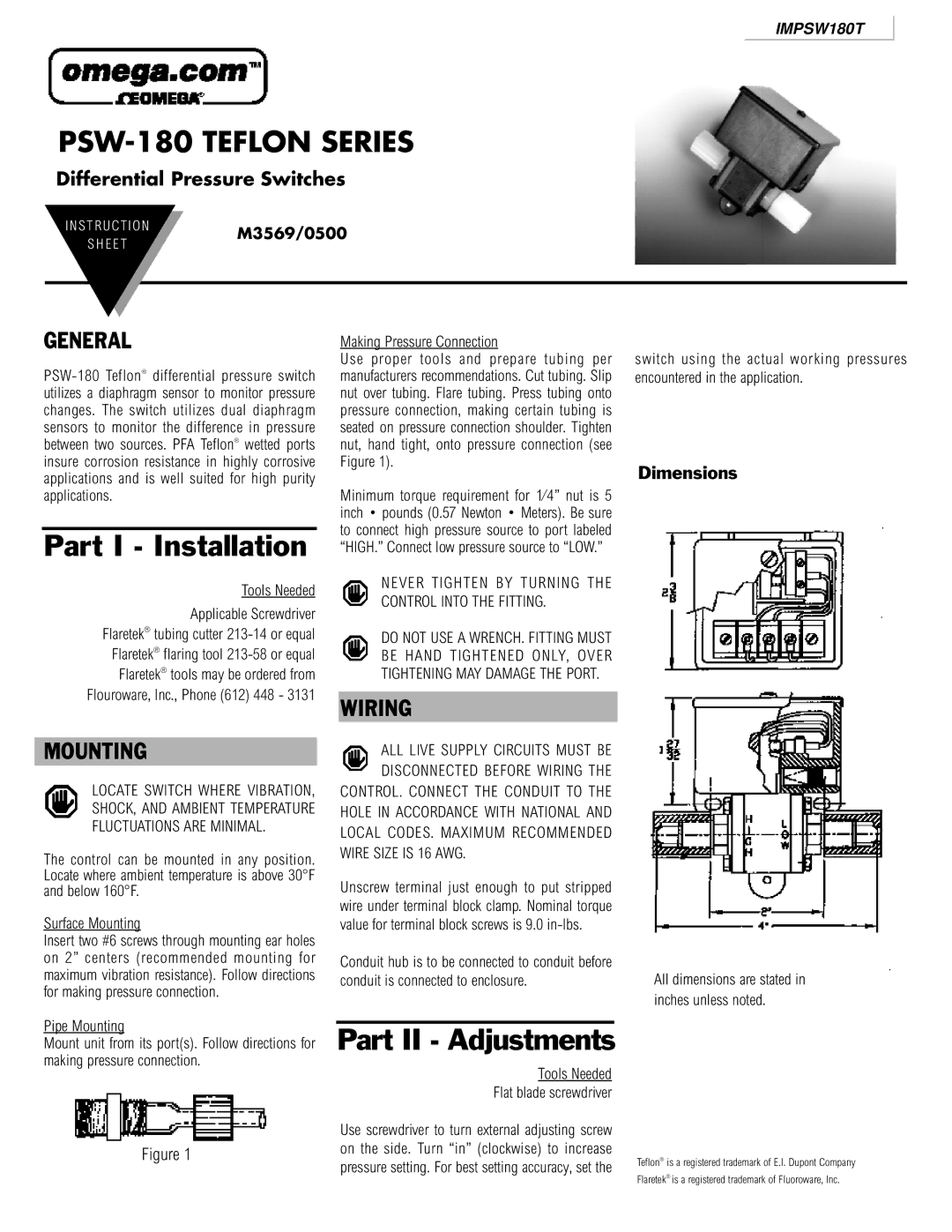 Omega PSW-180 dimensions General, Mounting, Wiring 