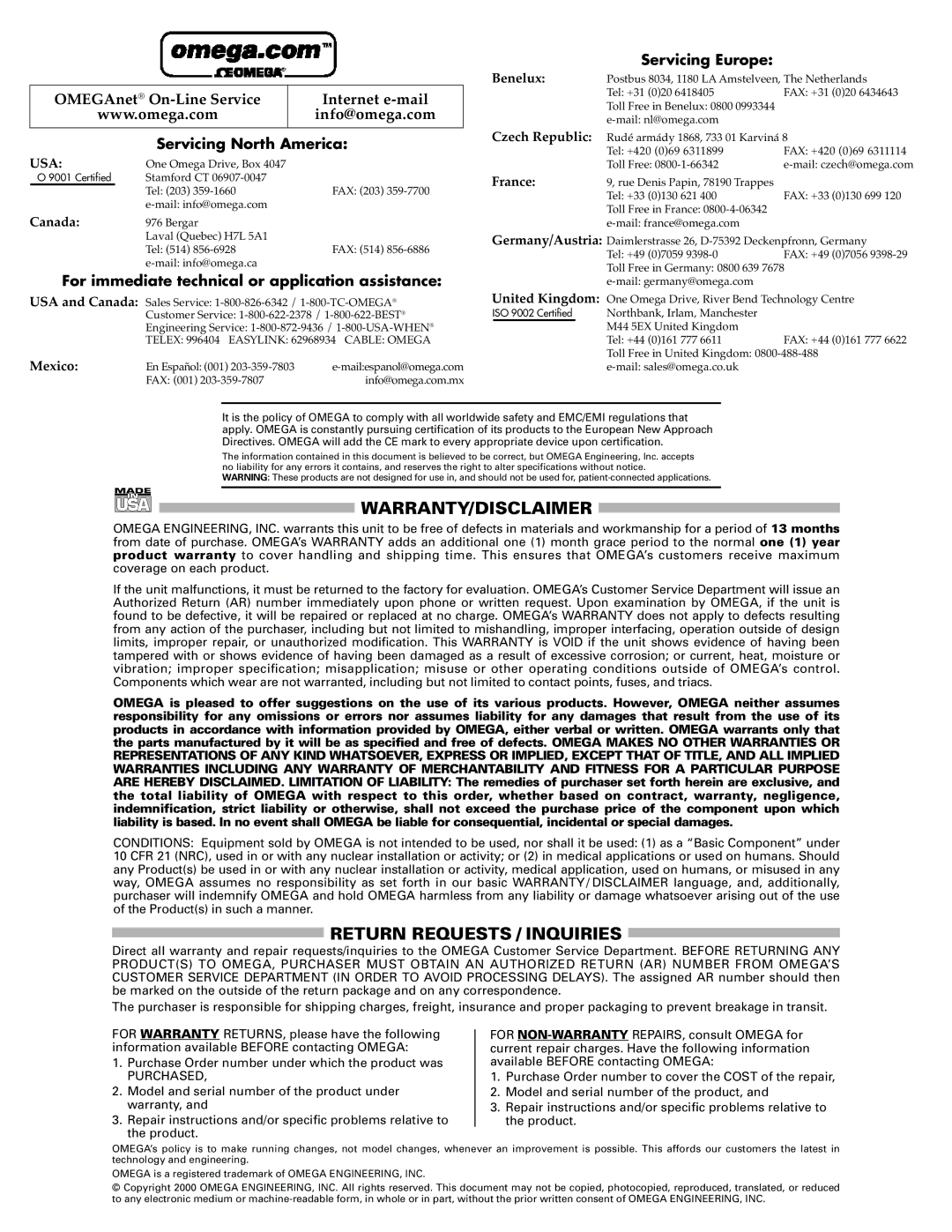 Omega PSW-180 dimensions Servicing North America, For immediate technical or application assistance, Servicing Europe 