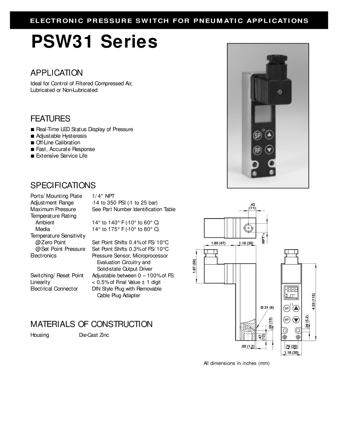 Omega PSW 31 manual Application, Features, Specifications, Materials of Construction 